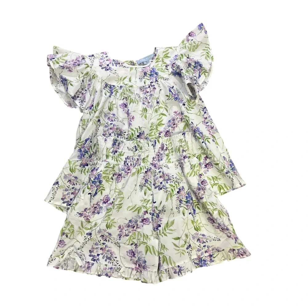 Hill House Home Girls Wisteria Floral Flutter Sleeve Top Ruffle Shorts Set 9/10Y